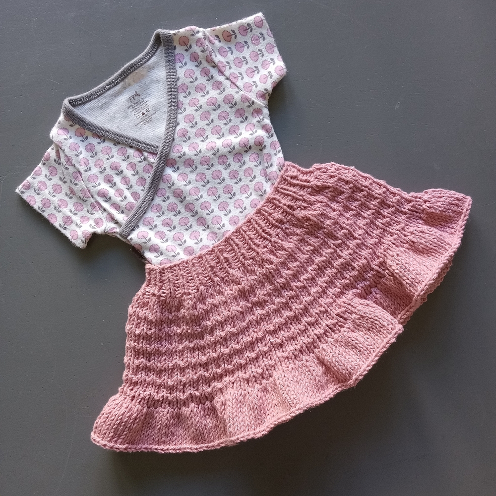 Handmade Handknit Dusty Rose Textured Baby Skirt & Floral Onesie Set 0-3M